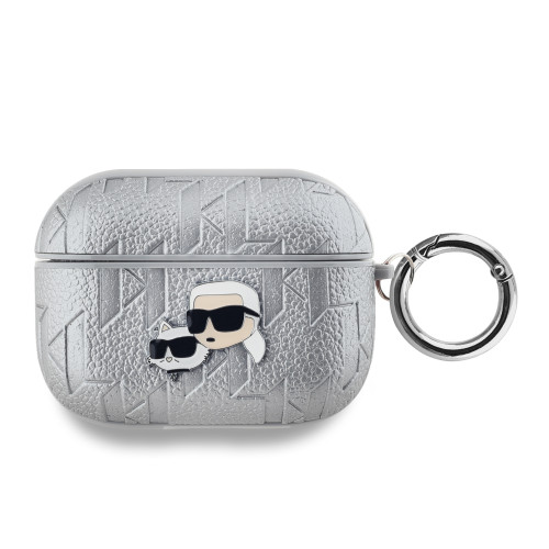 Karl Lagerfeld PU Embossed Karl and Choupette Heads Pouzdro pro AirPods Pro Silver